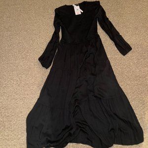 Black Casual Long Sleeve Smocked Dress V Neck High